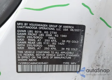 2021 Volkswagen Atlas 3.6L V6 Se W/Technology R-Line from USA, damaged, VIN 1V2RR2CA8MC605481
